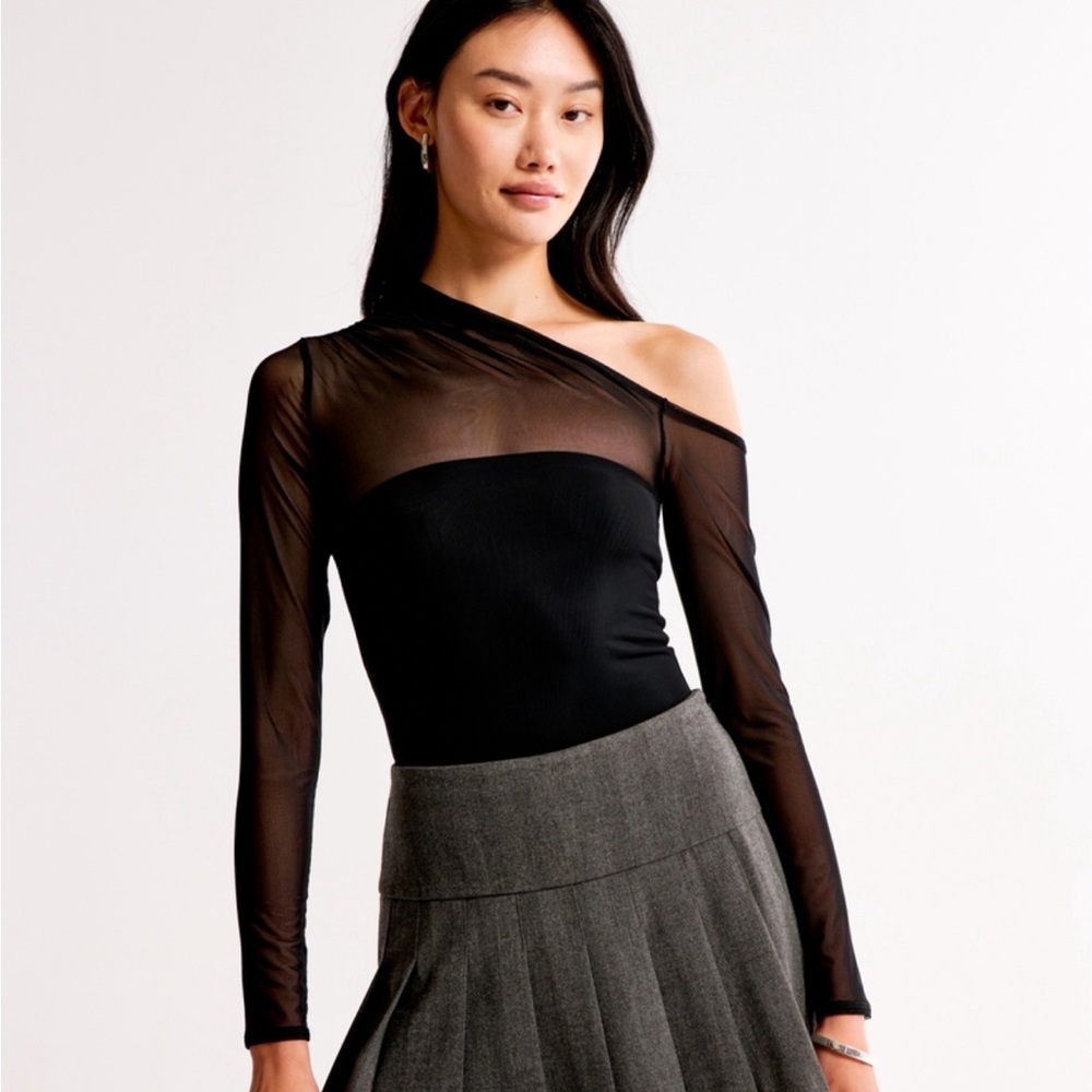 Abercrombie & Fitch Long-Sleeve Asymmetrical Draped Mesh Bodysuit